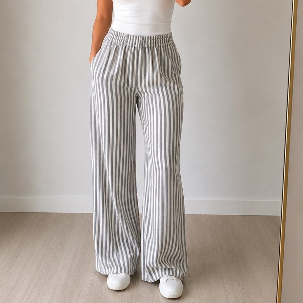 NWT Dairi 🌿Striped Wide Leg Pants Women’s Elastic Waist Pockets Boho Linen Look